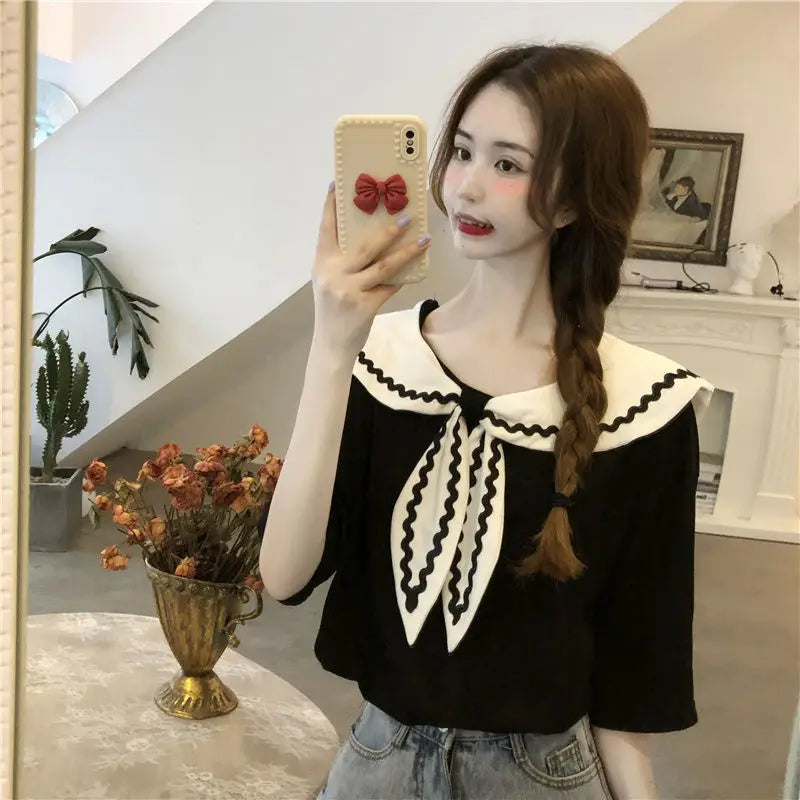 Sailor Collar T-shirts Women Baggy Kawaii Clothes Panelled Temper Designer Aesthetics Japanese Stylish Summer Vintage Футболка