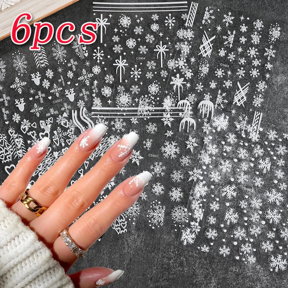 6Pcs White Snowflake Nail Stickers Self-Adhesive Christmas Nail Art Decals Snowflakes Elk Design Winter Xmas Manicure Decoration