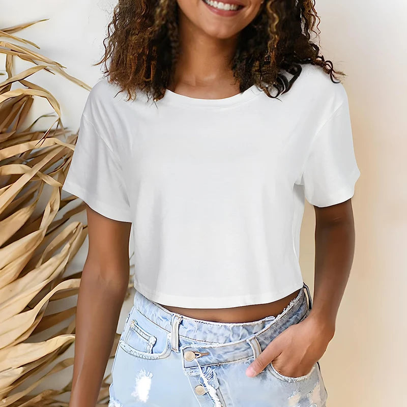 Harajuku Y2K Women's Crop Top – Casual Streetwear Short Sleeve Round Neck Loose Tee | White, Pink, Yellow | S–XL