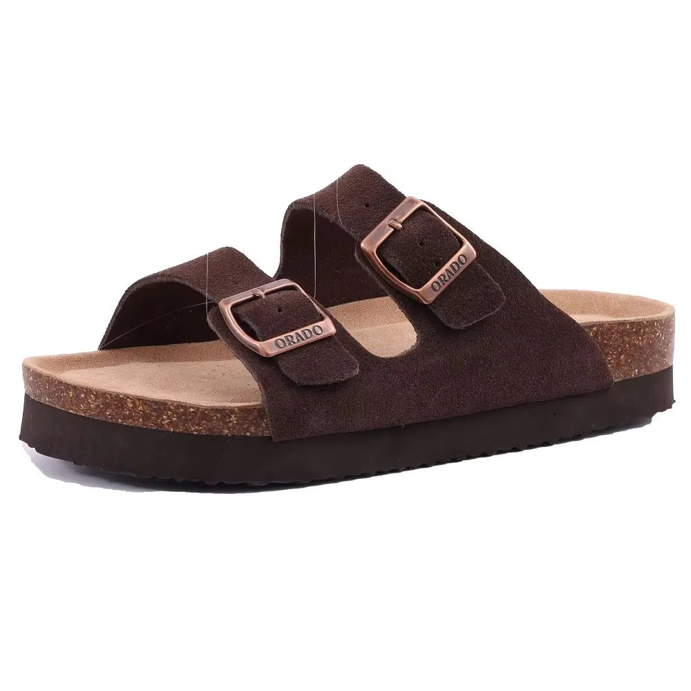 Crestar Women Cork Footbed Slippers Summer Couple Adjustable Double Buckles Flat Sandals Outdoor Cork Beach Slides With Open Toe