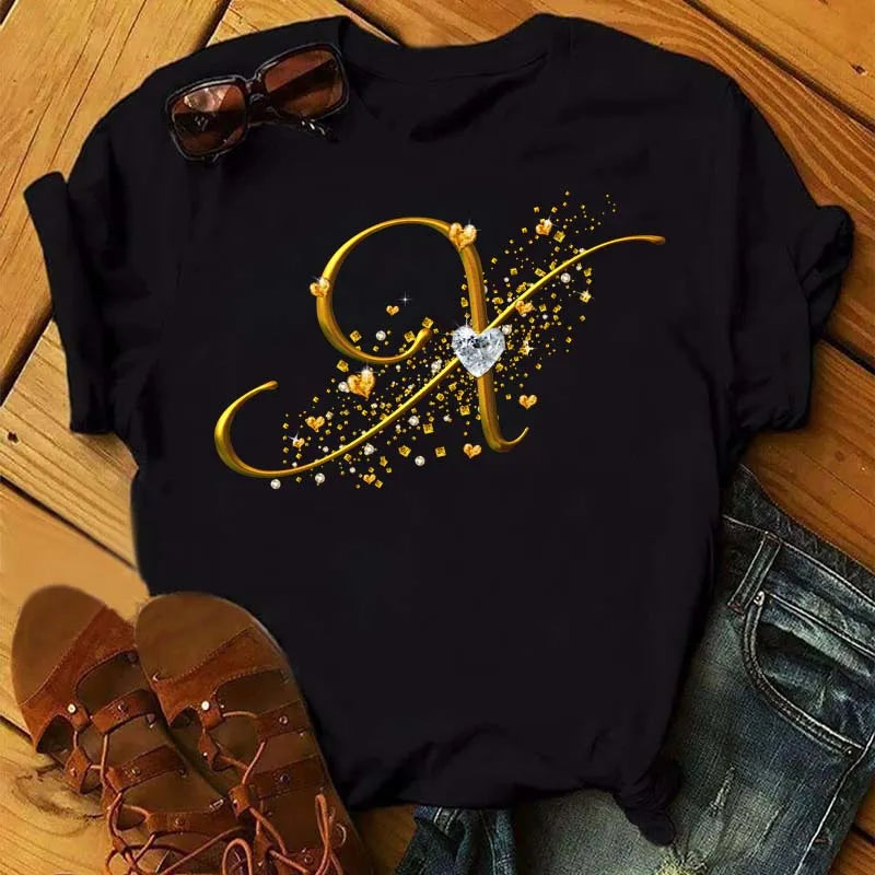 Women's Personalized Letter Graphic Tee — Gold Diamond-Font Monogram Short-Sleeve Top