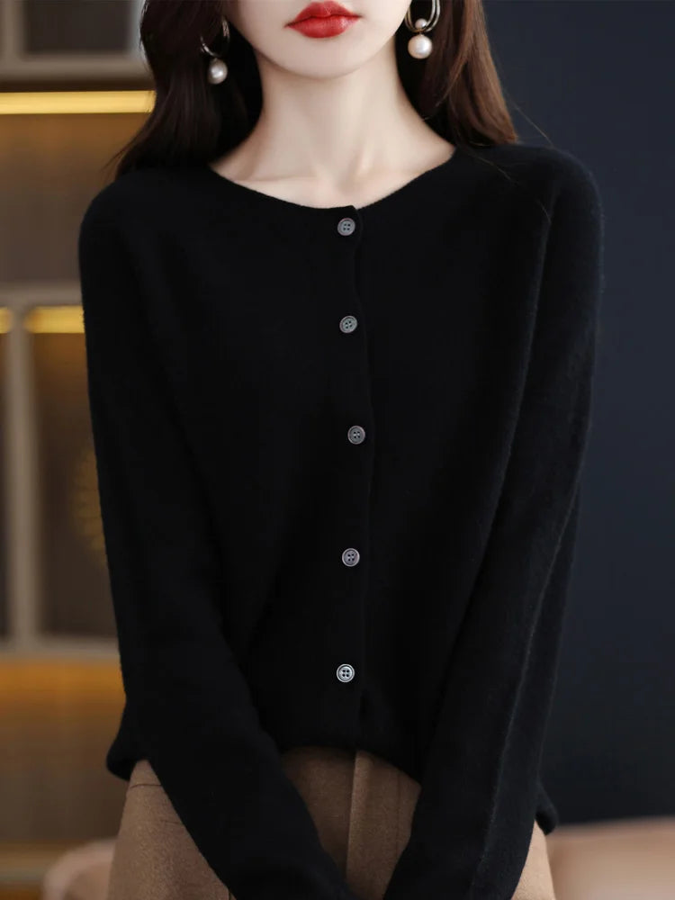 Women Cashmere Sweater 100% Merino Wool Knitted Cardigan Autumn Winter Knitwear O-Neck Female Solid Color Casual Fashion Top