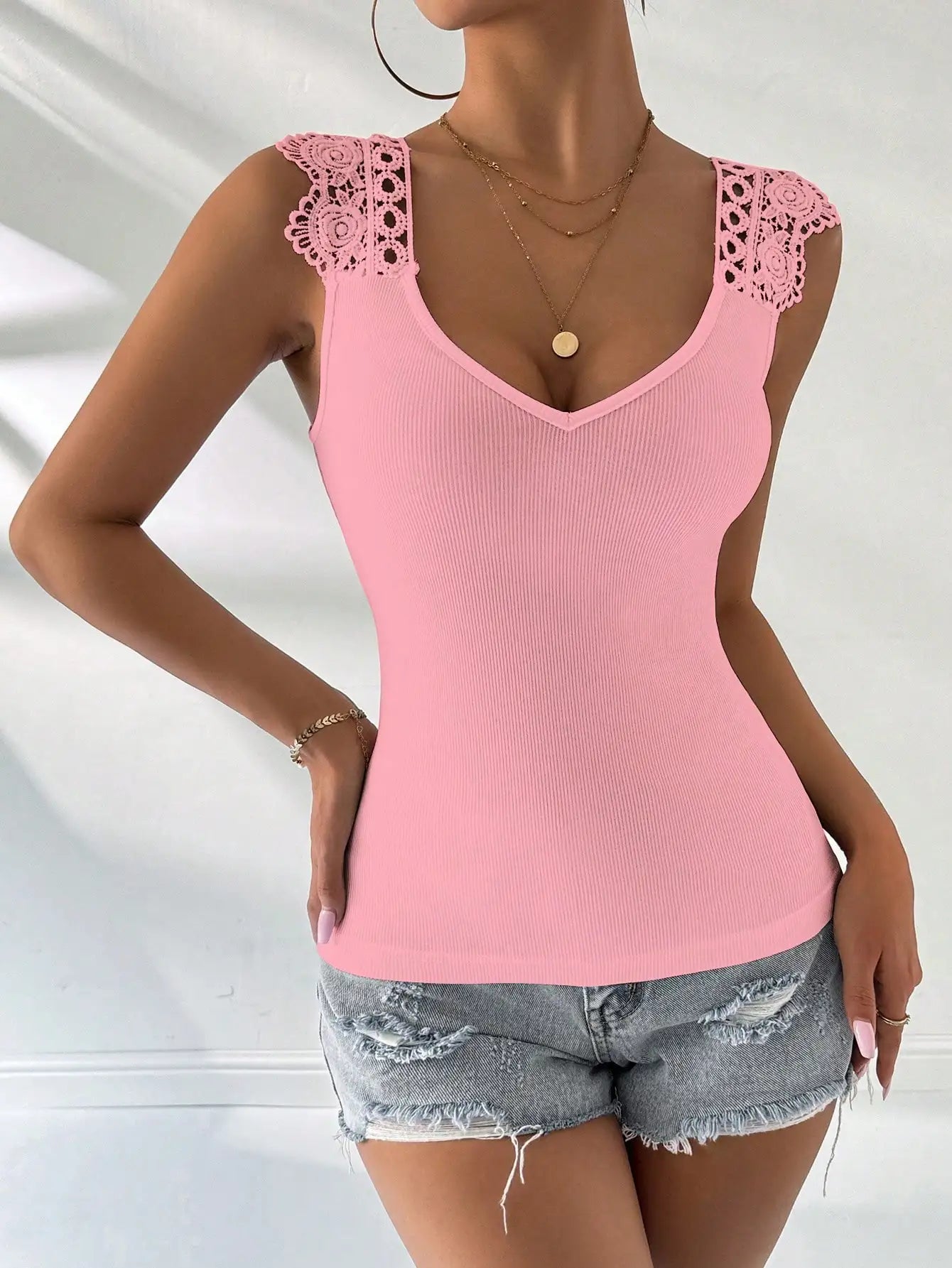 Elegant Pink Ribbed Tank Top V Neck Lace Shoulder Detail Sexy Bodycon Casual Daily Wear Top  tank top women women tops