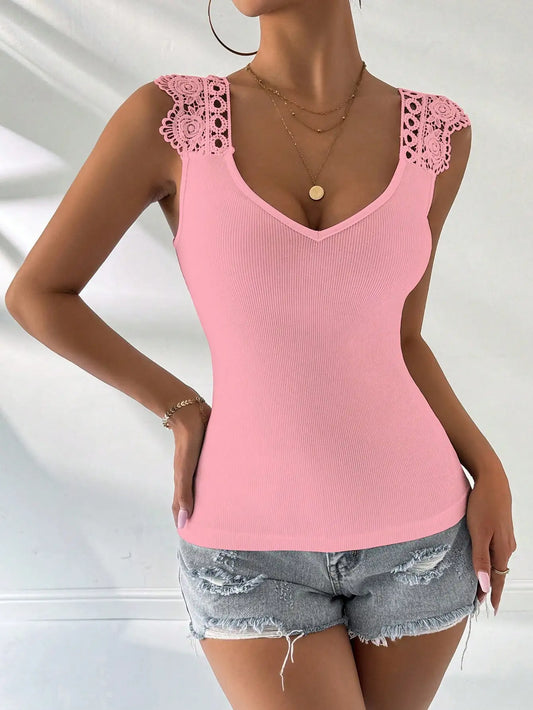 Elegant Pink Ribbed Tank Top V Neck Lace Shoulder Detail Sexy Bodycon Casual Daily Wear Top  tank top women women tops