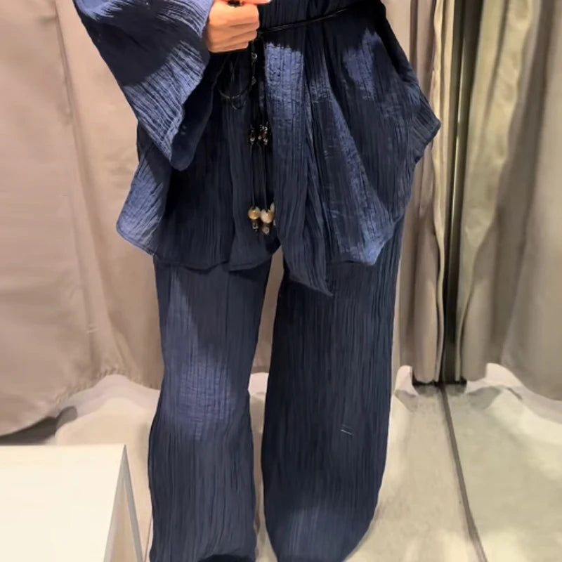 V-Neck Lace-Up Shirt & Wide-Leg Trousers Set — 2-Piece