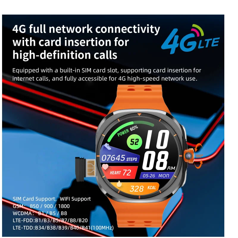 Upgrade Android 13.0 Smart Watch Ultra 4G/5G Smartwatch With 190° Rotary Camera GPS WIFI Sim Card Slot Compass App Download