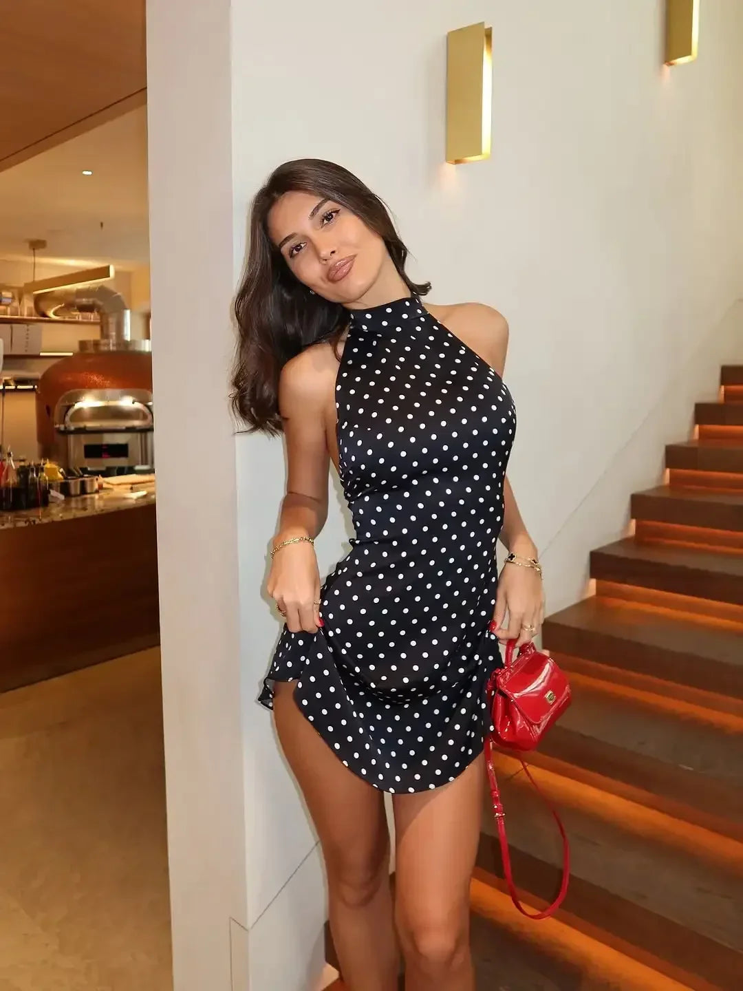 Chic Backless Polka Dot Halter Dress Women's Sleeveless Off Shoulder Lace Up Mini Vestidos 2026 Summer Lady Holiday Party Robe