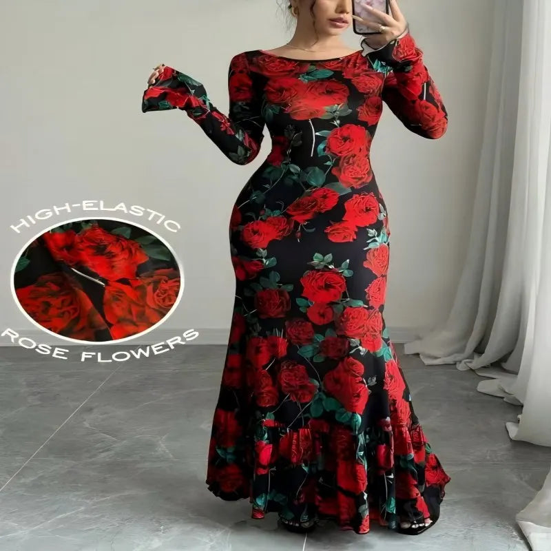 Elegant Rose Print Fishtail Maxi Dress – Long Sleeve