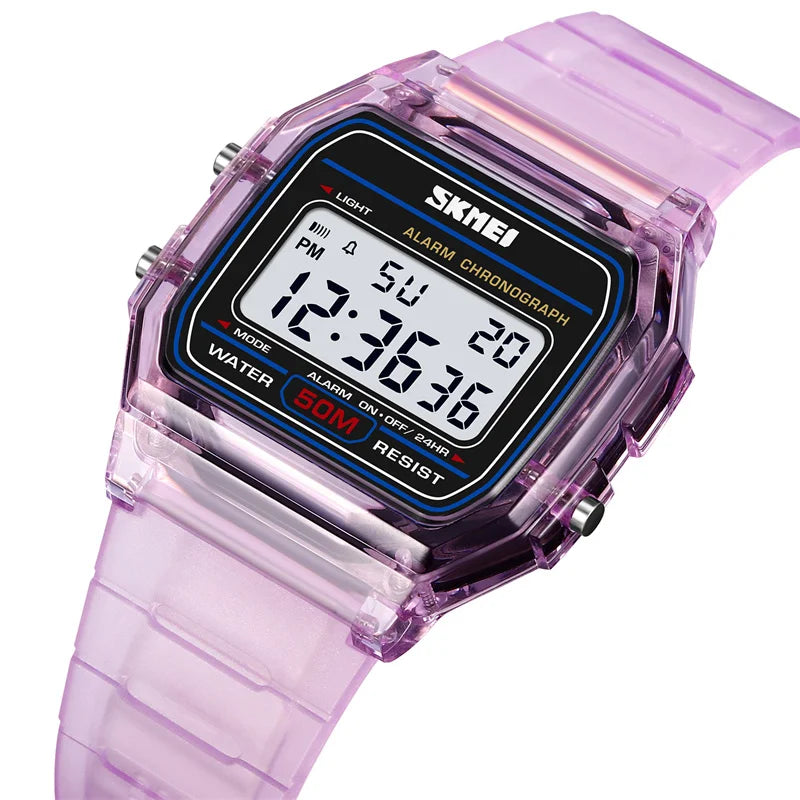 Skmei Women Digital Watches Fashion Transparent Case TPU Strap Led Waterproof Swimming Sports Wristwatch Female Alarm Clock