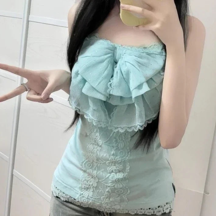 Y2K Retro Polka Dot Lace Tops Women Sweet Hot Girls Summer Vintage Cute Strappy Y2K Harajuku Grunge Casual Fashion Vest New