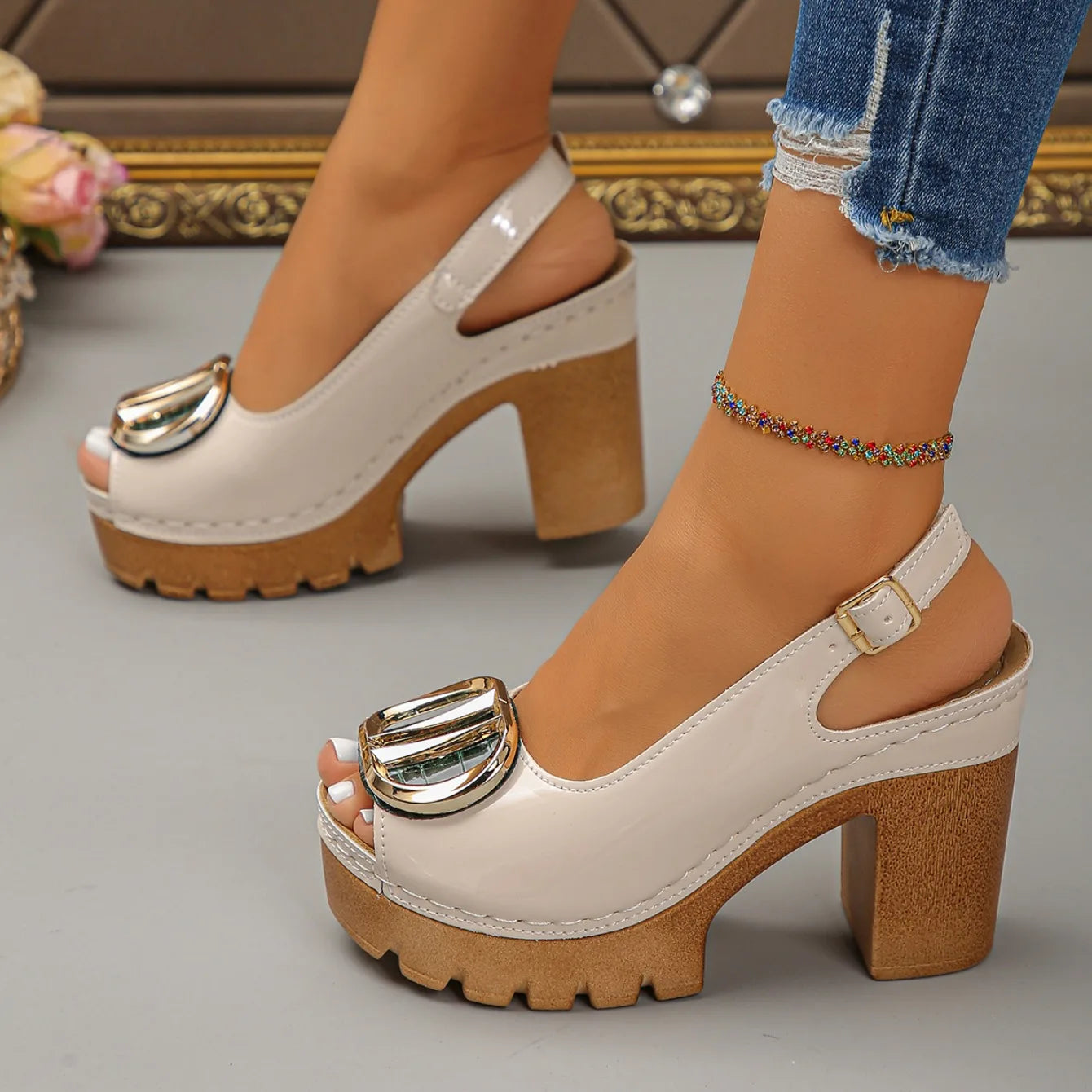 Summer New Women's Fashion Metal High-heeled Sandals Gladiator Casual Versatile Fish Mouth Sandals Roman High Heels Women Shoes