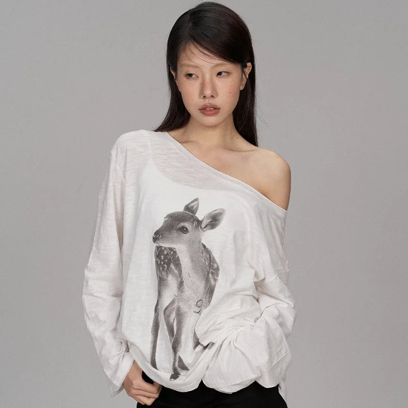 Kimotimo Summer Print Off Shoulder Long Sleeve T-shirt Women 2026 New Casual Transparent Loose Lazy Top Kpop Fashion Y2k Tees