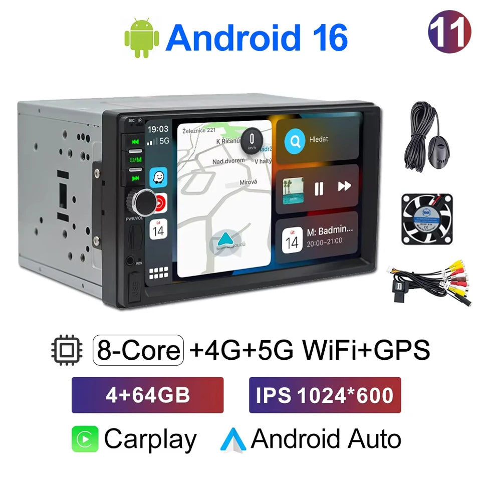 CAIXI Universal 2-DIN Android 14 Car Stereo — CarPlay, Android Auto, GPS for Toyota, Nissan, Jeep, Hyundai, Kia, Chevrolet, VW, Fiat