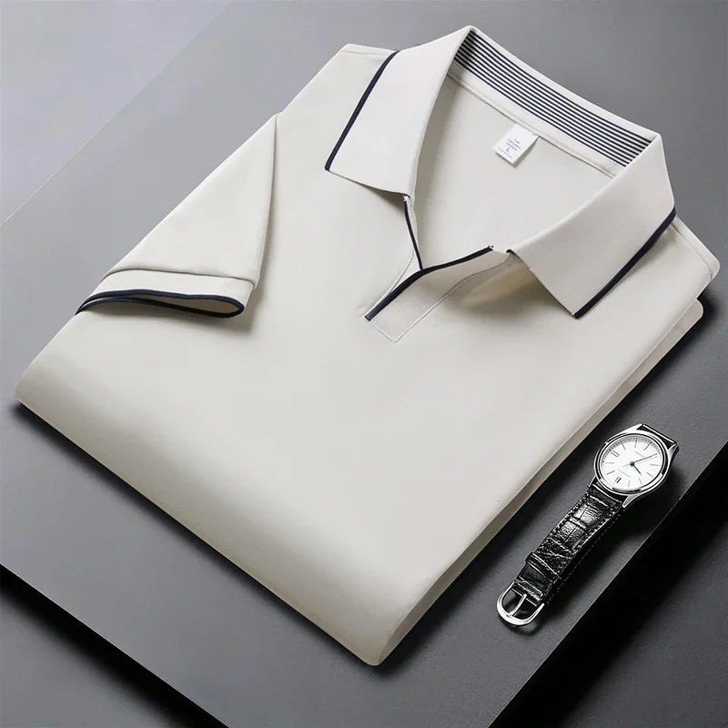 Men's Piping-Detail Polo - Soft Stretch, No-Button Placket