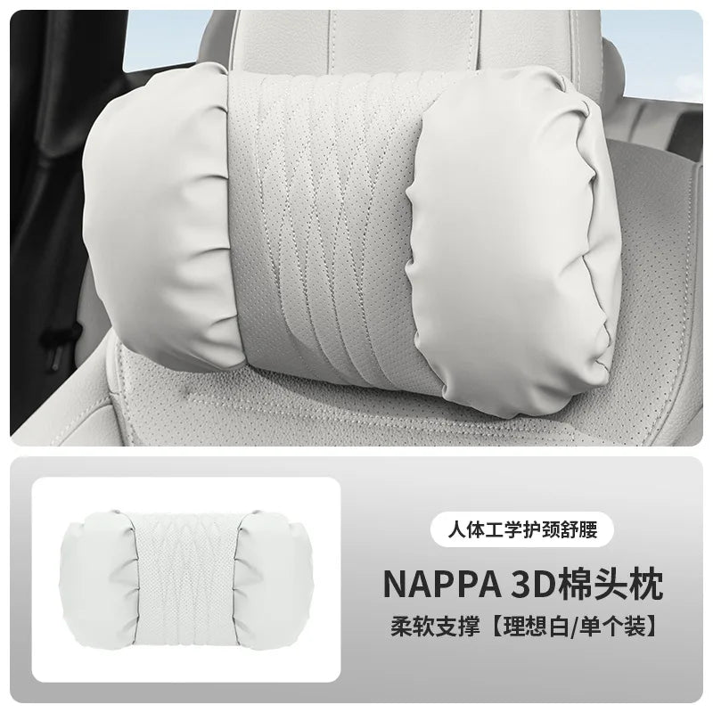 Nappa Leather Car Headrest & Lumbar Support Cushion – Soft Neck Pillow & Waist Pillow Set
