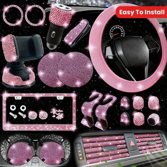 Artificial Diamond Car Steering Wheel Decoration Set Pink Artificial Diamond Steering Wheel Protective Cover, New Fashion Cute Goddess Steering Wheel Cover Set,Car Acessesories Women