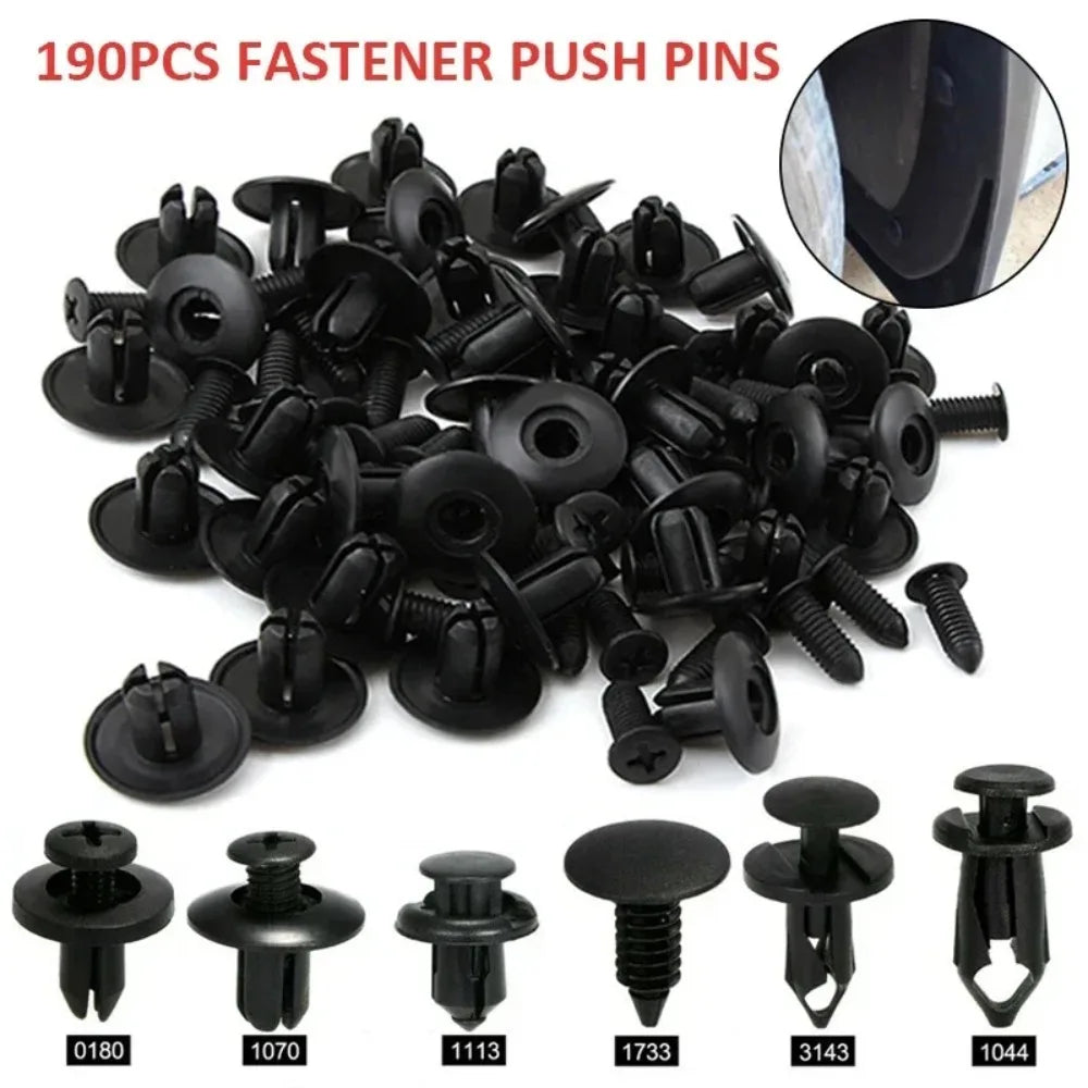 190-Piece Car Frame Fastener Set: 6-Size ABS Plastic Push Rivets for Door Panels, Bumpers and Interiors