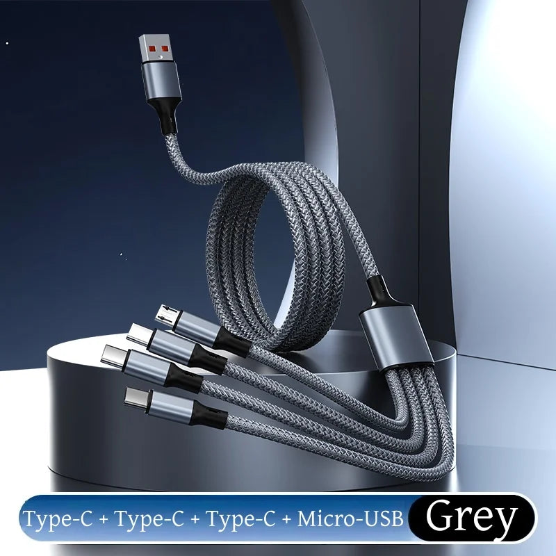 4-in-1 Multifunctional Charging Cable Supports USB-A to USB-C, Micro USB, and Braided Cables for Charging Multiple Devices