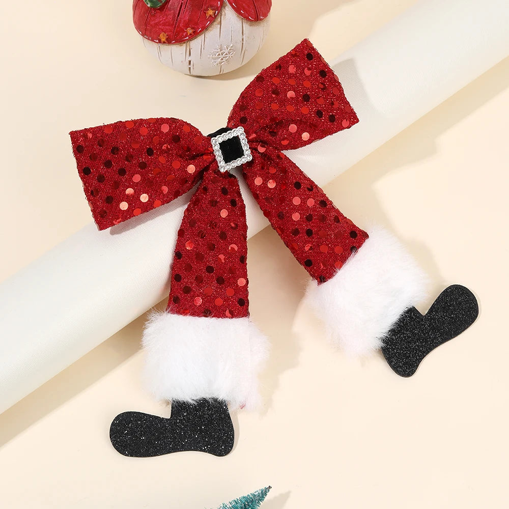 New Christmas Hair Clips Santa Pants Hairpins Red Sequin Bows Barrette For Girls Xmas Party Decor Headwear Hair Accessories