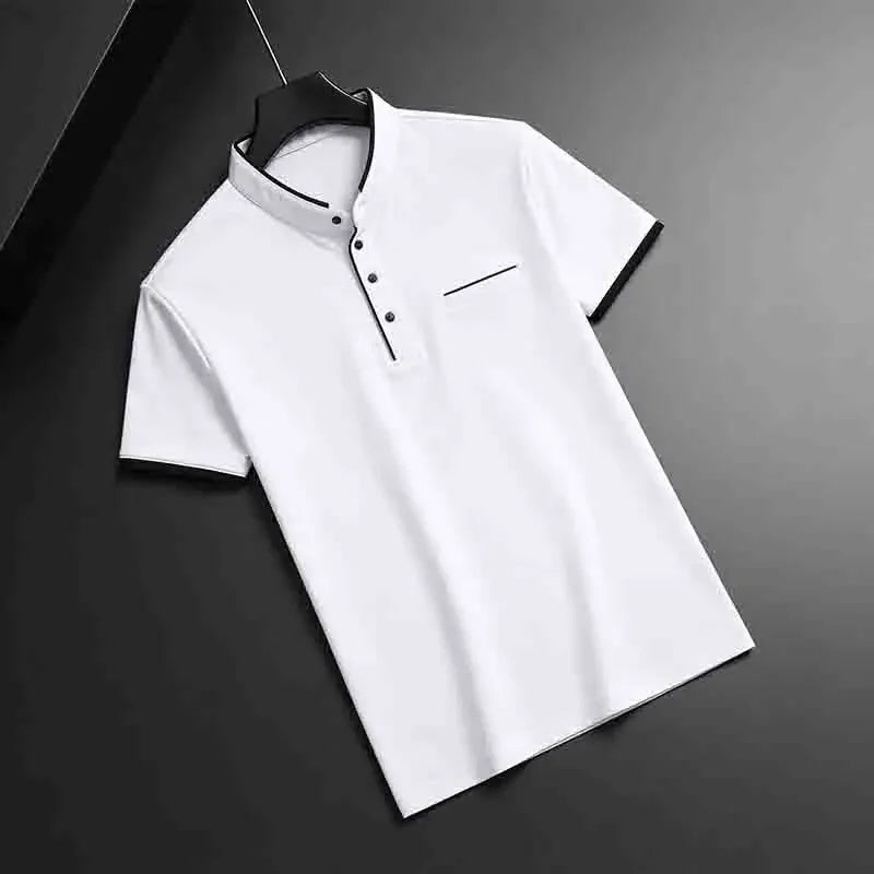 Men's Mandarin Collar Polo - Short Sleeve Pocket, All-Season Pullover