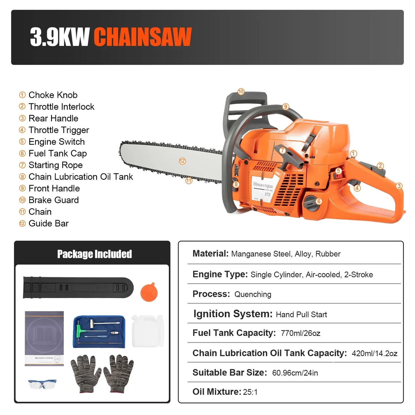 72cc 24" Gas Chainsaw — 2-Stroke Petrol Chainsaw for Tree & Wood Cutting
