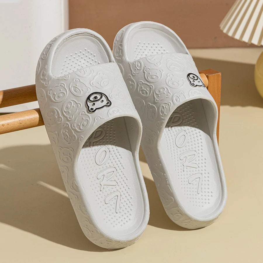 Fashion Cute Printting Bear Women's Slippers Bathroom Non-slip Thick Soft Sole Summer Indoor Comfy Beach Leisure Couple Shoes