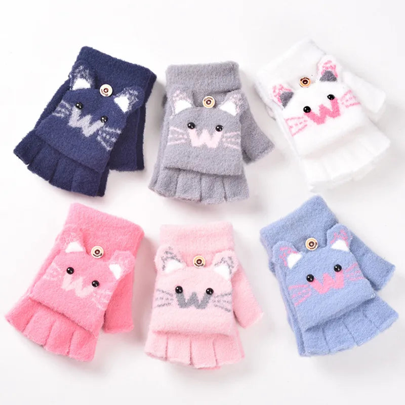 Kids Flip-Top Faux Fur Mittens - Cartoon Knit Winter Gloves