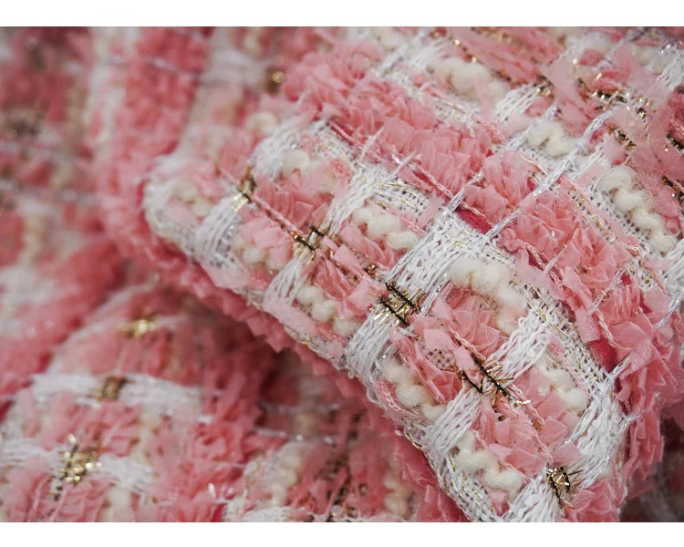 Tweed Fabric for Coat, Pink, Golden Thread, Glitter Cloth, Diy