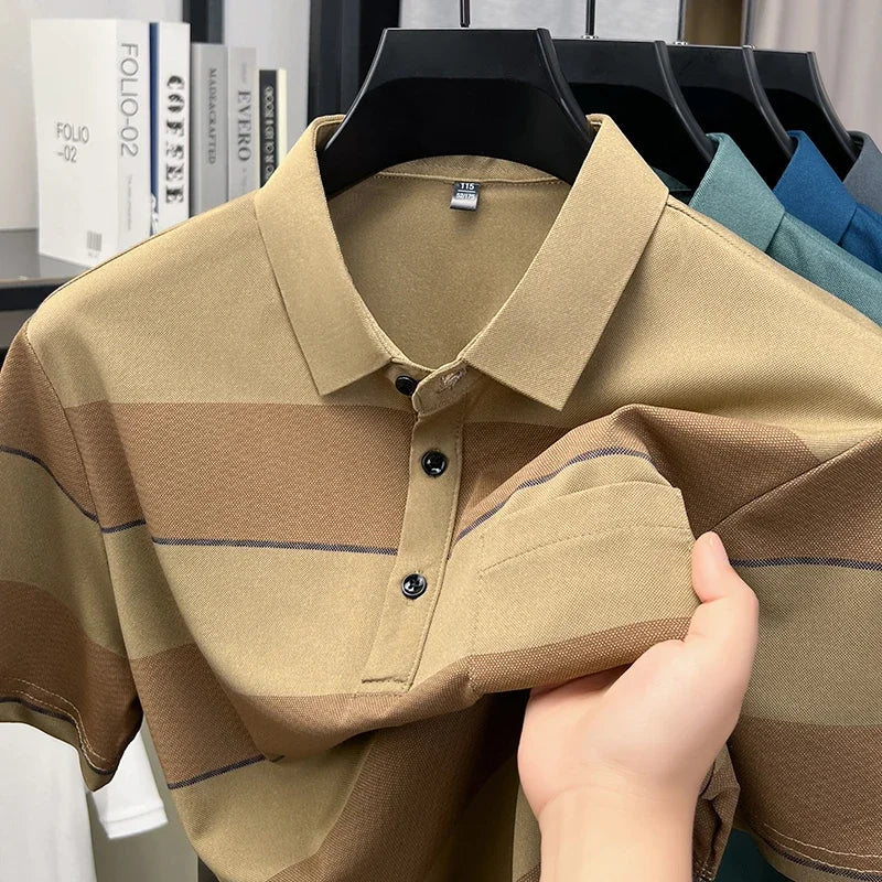 Men's Striped Mesh Polo - Lapel Three-Button, Anti-Wrinkle Knit
