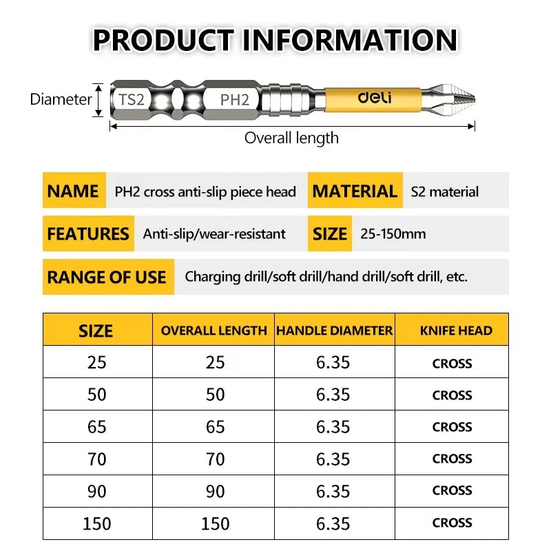 5PCS Upgraded High Hardness And Strong Magnetic Bit 25/50/65/70/90/150mm Non-slip Cross High Hardness Electric Hand Drill Screw