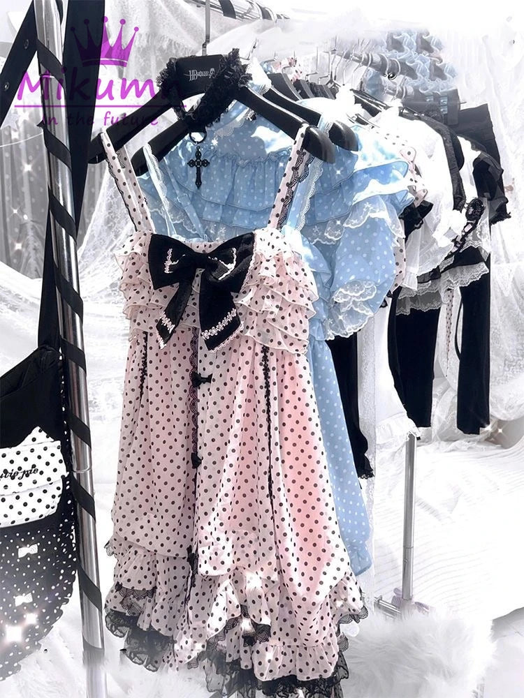 Women's Polka-Dot Bow Mini Dress — Vintage Pink Sleeveless Strap Dress