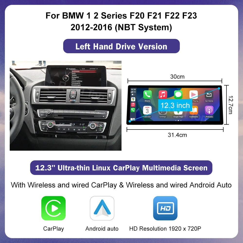 12.3" Ultra-Thin Wireless CarPlay Screen for BMW 1/2/3/4 Series F20 F21 F22 F23 F30 F31 F33 F36 — CIC/NBT/EVO