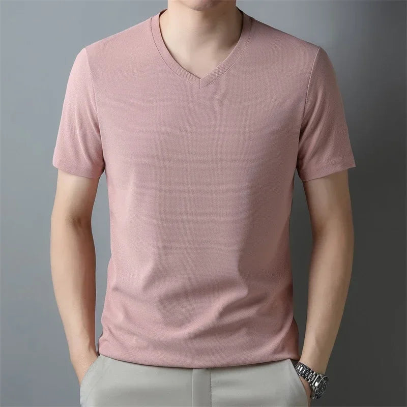 Men's Waffle V-Neck Tee - Short Sleeve, Soft Comfortable Summer