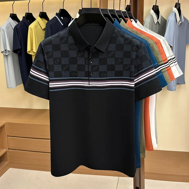 Men's Grid Jacquard Polo - Stripe Sleeve, Wrinkle-Free Office Wear