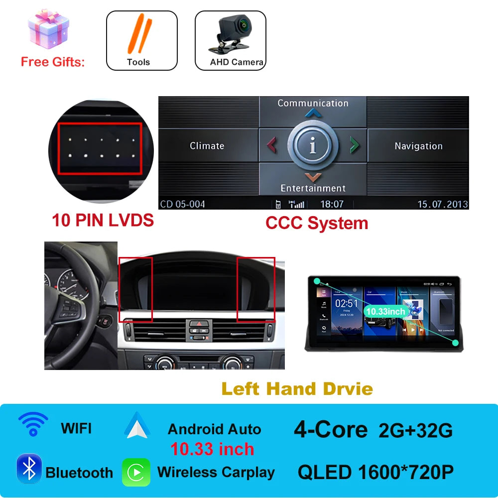 Car Stereo with Apple CarPlay & Android Auto, Compatible with BMW 3 Series E90 E91 E92 (CCC/CIC)