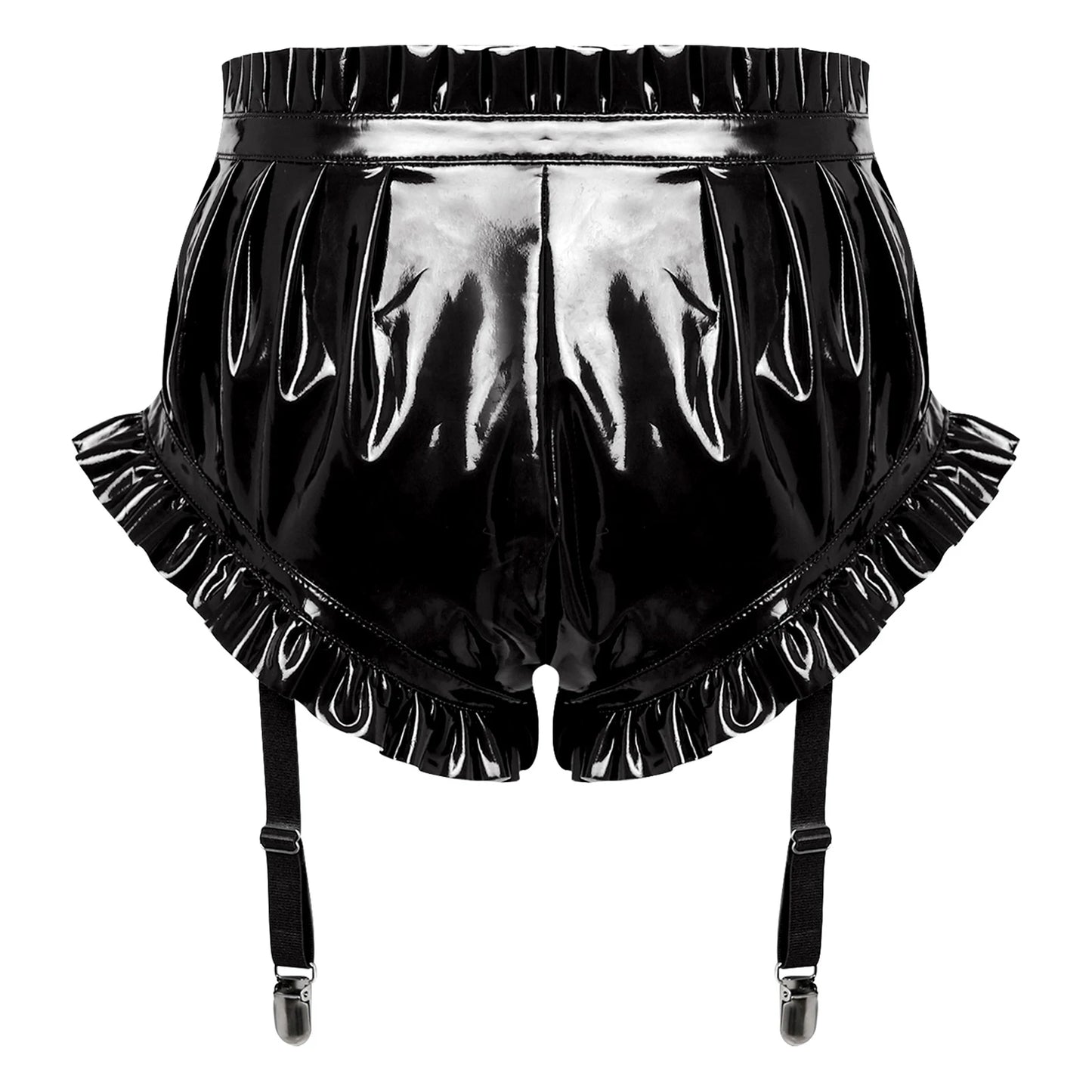 Womens Wet Look Lingerie Latex Shorts Patent Leather Ruffle Trim with Garter Clips Ruched Bloomer Shorts Glossy Rave Clubwear