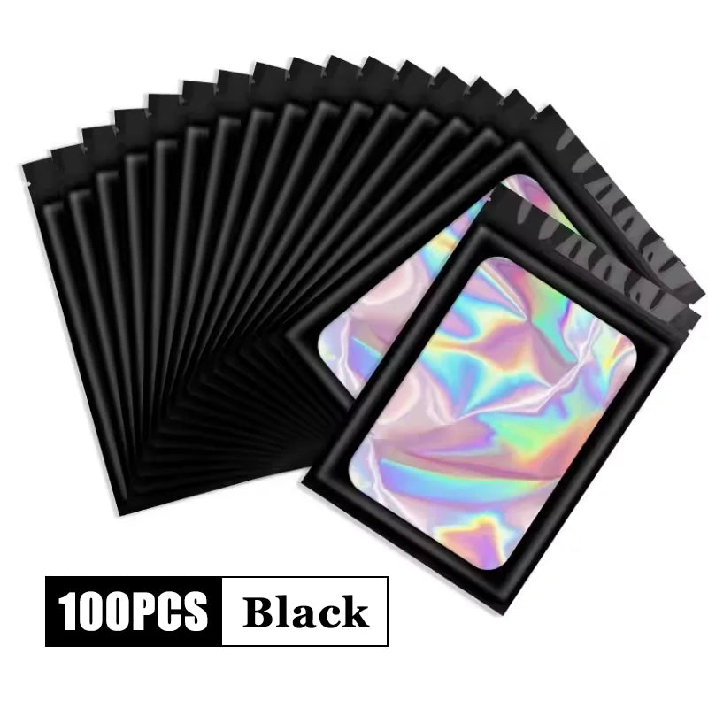 100Pcs Holographic Ziplock Bags Plastic Laser Iridescent Zip Bags for Manicure Eyelash Display Earrings Ring Jewelry Storage Bag