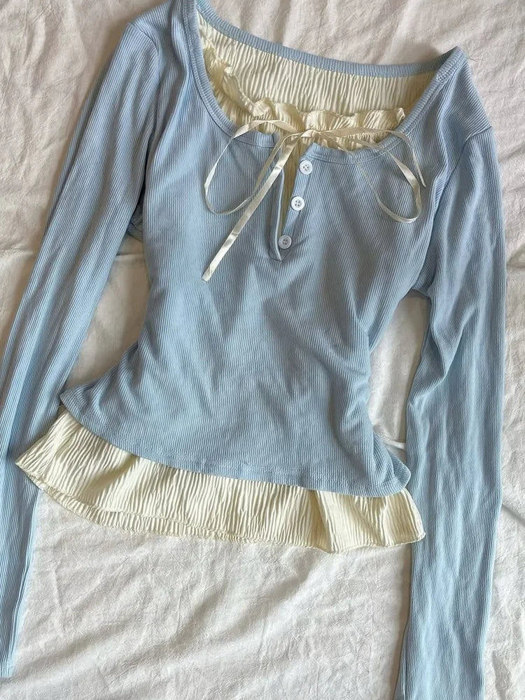 Sweet Ruffled Long Sleeve Women's T-Shirt Lace-up Fake Two-piece Women Tops 2026 Spring Summer Slimming T-shirt Female Clothing