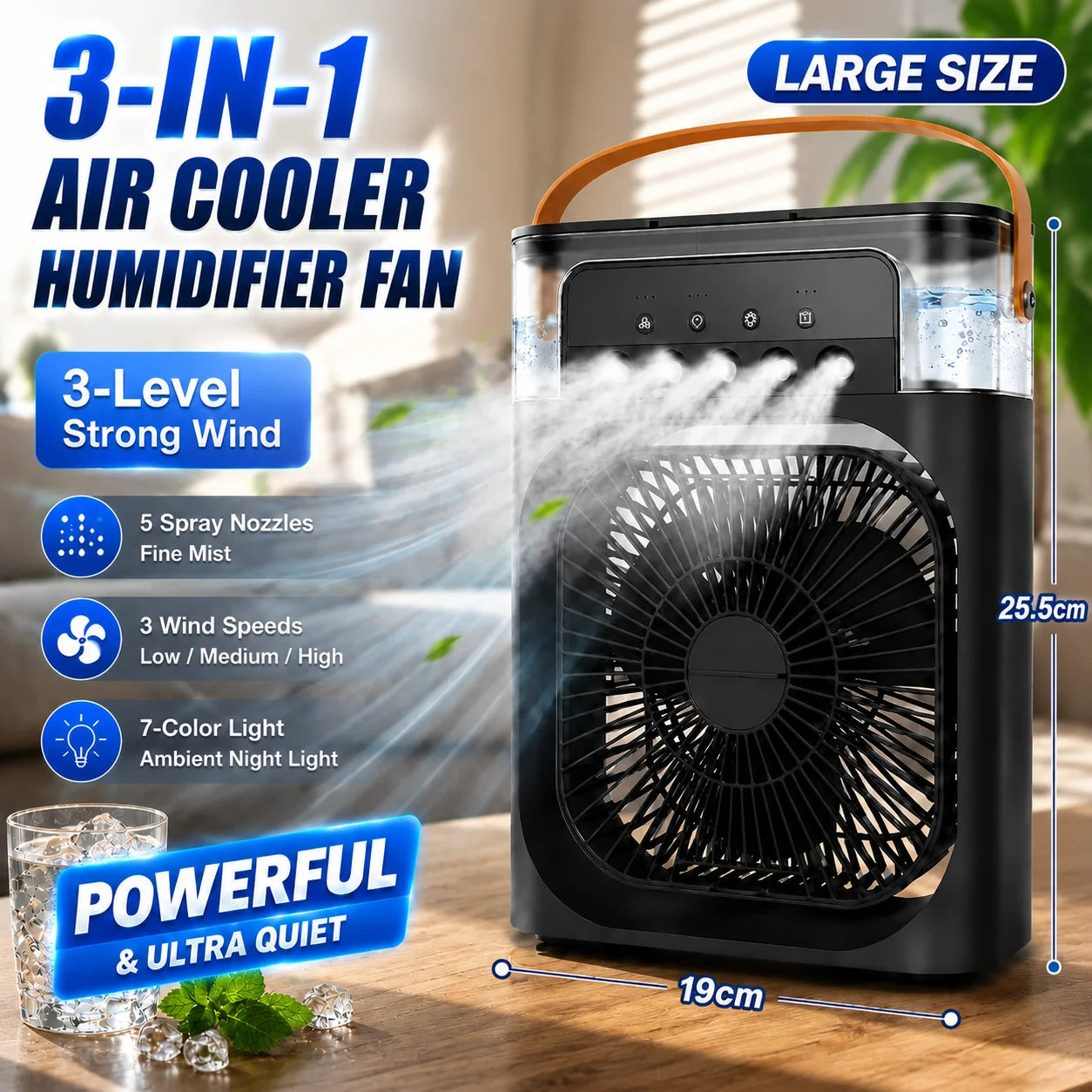 3-in-1 Portable Evaporative Air Cooler – Misting Fan, Humidifier & LED Light