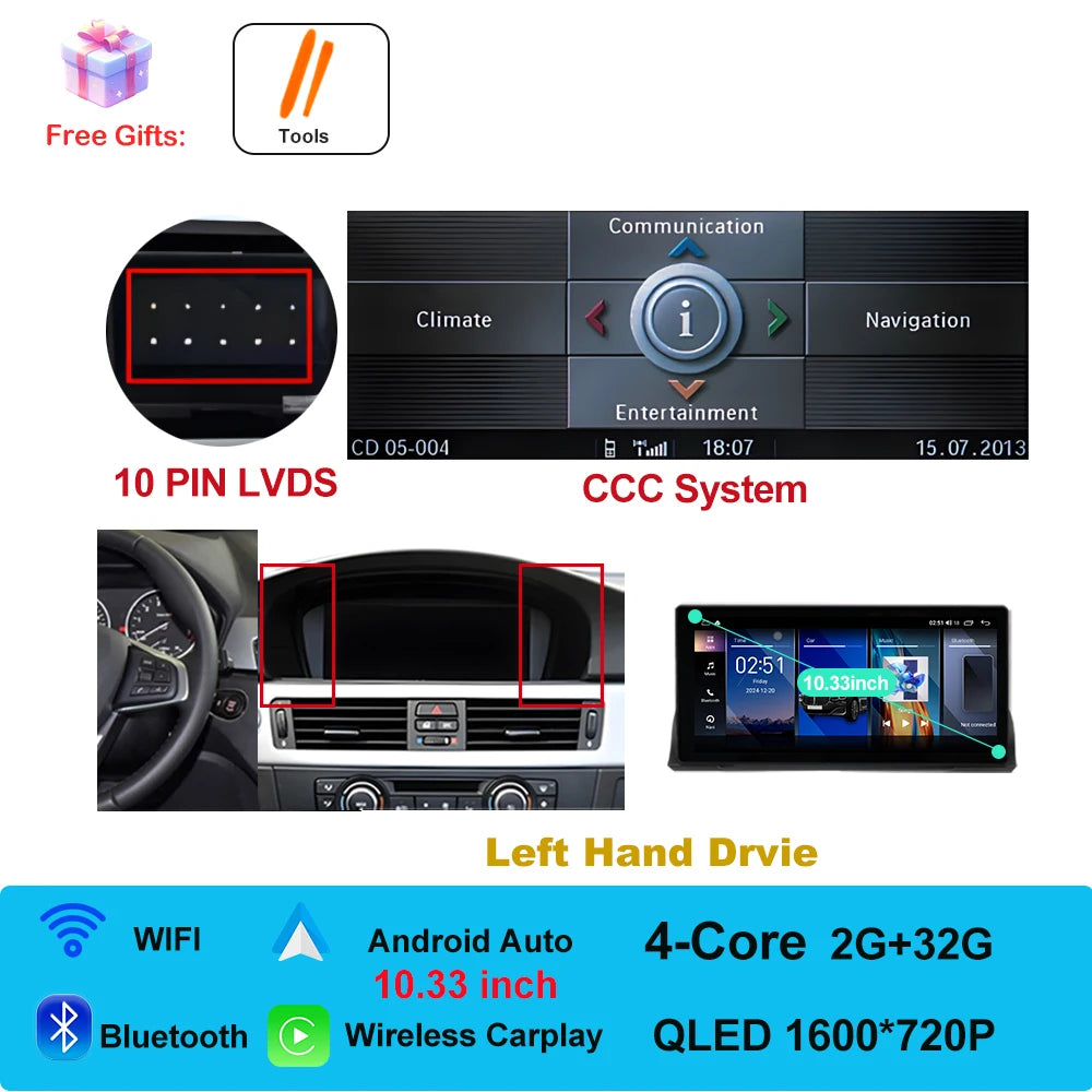 Car Stereo with Apple CarPlay & Android Auto, Compatible with BMW 3 Series E90 E91 E92 (CCC/CIC)