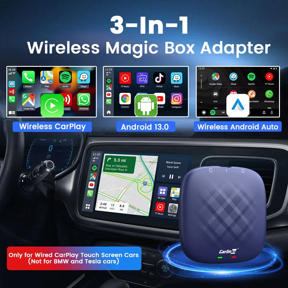 2026 CarlinKit 3 In 1 Android Auto Wireless Android 13 CarPlay Smart Box QCM6125 SM6225 8-Core For Netflix YouTube For OEM Cars