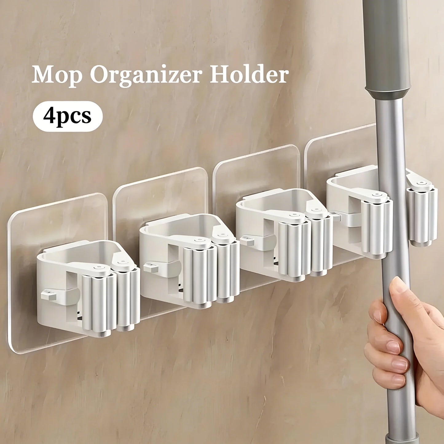 4pcs Wall-Mounted Broom & Mop Holders: Heavy-Duty Adhesive Clips for Multi-Functional Tool Organization