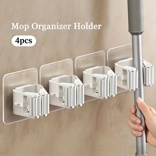 4pcs Wall-Mounted Broom & Mop Holders: Heavy-Duty Adhesive Clips for Multi-Functional Tool Organization