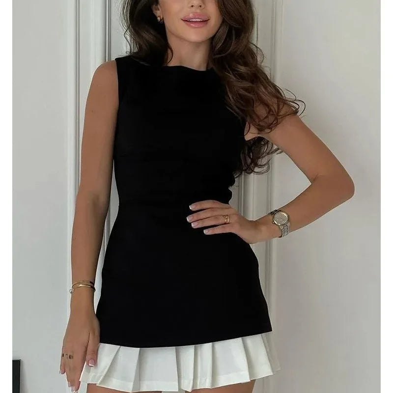 Lady Office Commute High street Mini Dress Elegant Patchwork Pleated Short Dress For Women Fashion Slim Sleeveless Vestidos