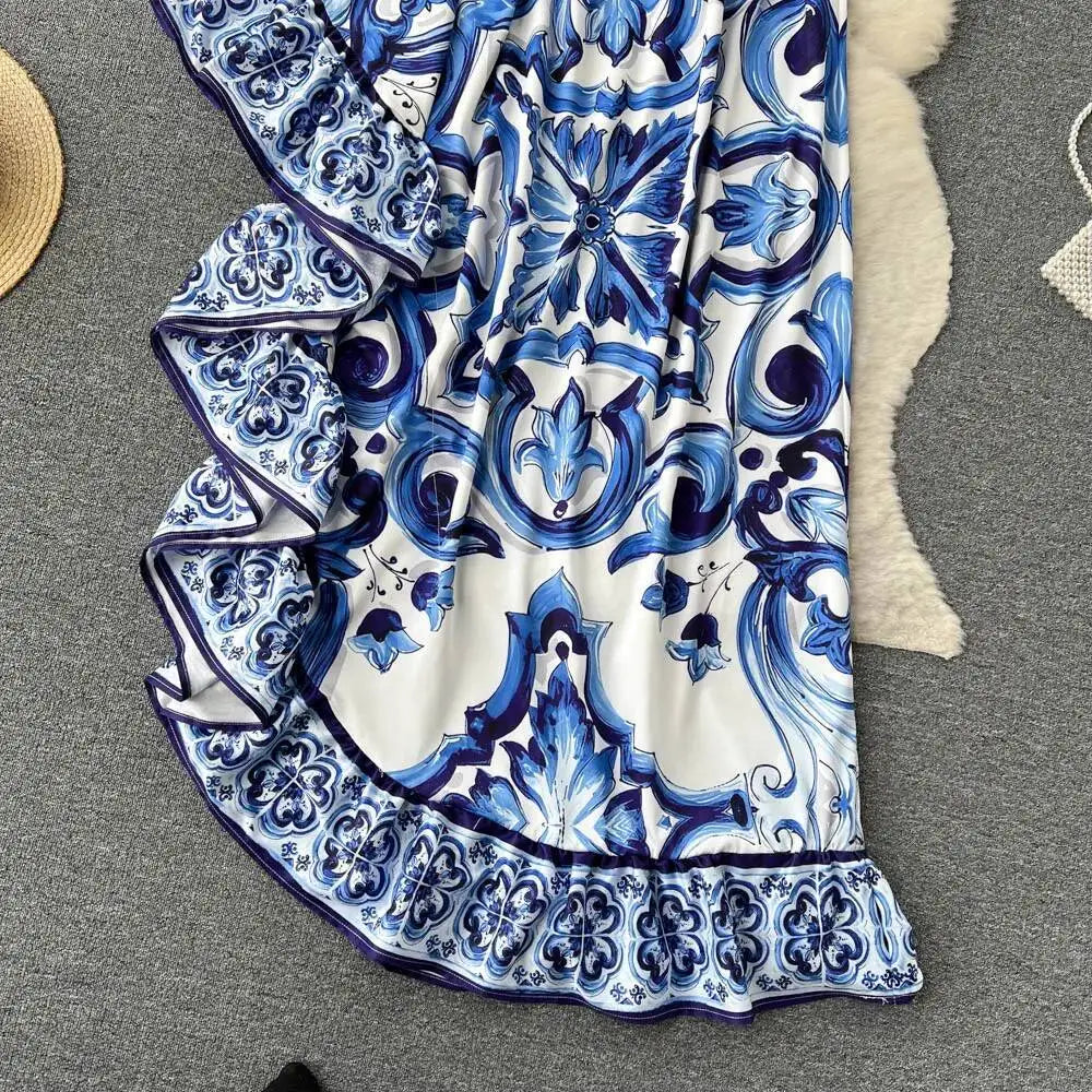 Summer Long Dress Women Runway Blue And White Porcelain Asymmetry Sexy Off The Shoulder Ruffles Hem Loose Robe Maxi Vestidos