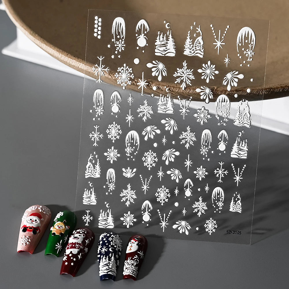 1pcs 5D Embossed Snowflakes/Snowman/Santa Claus/Reindeer Nail Art Stickers Self-Adhesive Cute Christmas Nail Art Decals 8*10CM