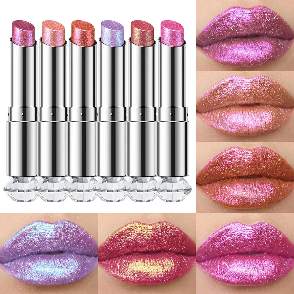 6 Colors Glitter Lipstick Hydrating Red Pink Sparkling Shine Lip Color Highly Pigmented Lip Tints Metallic Finish Lip Makeup