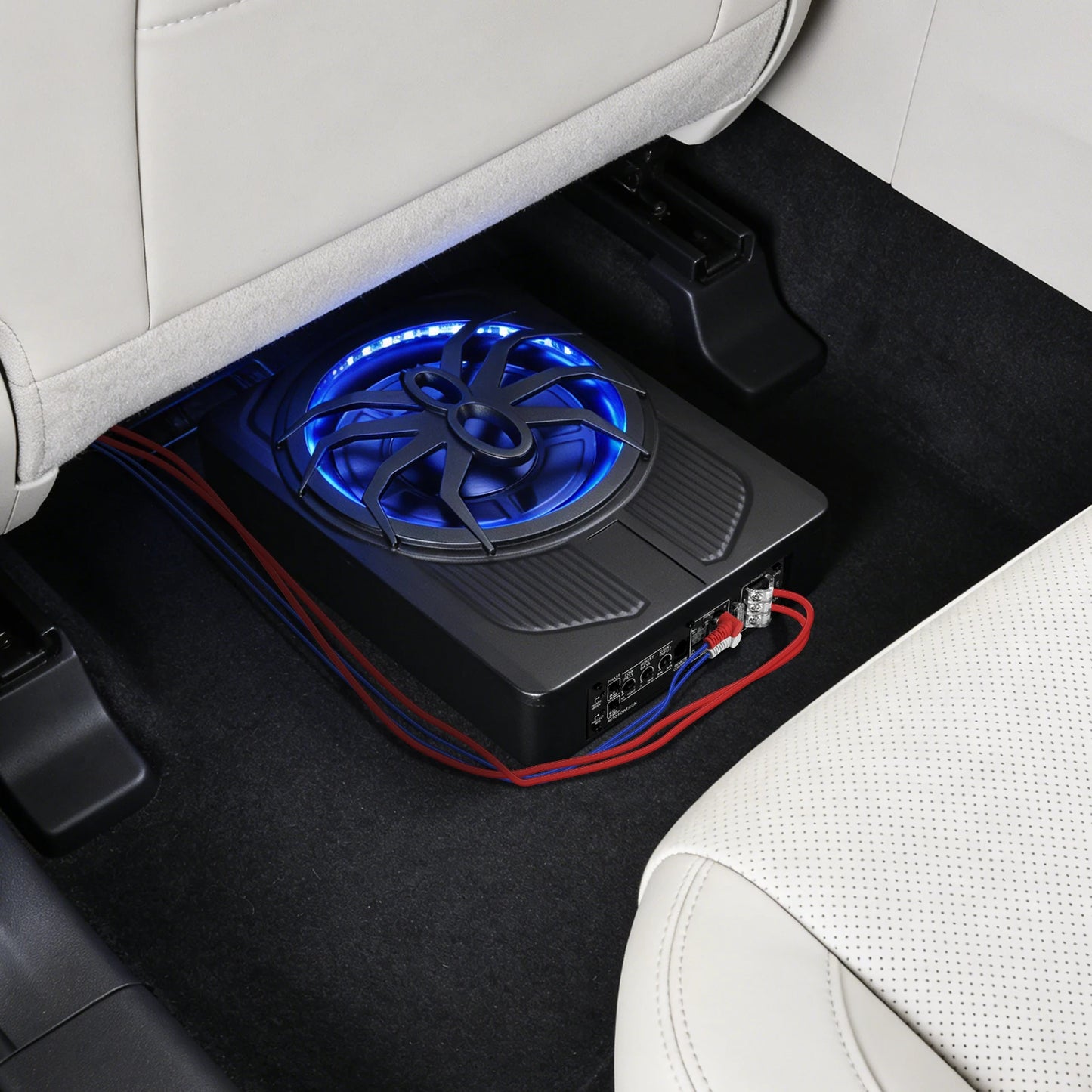 10 Inch Under Seat Subwoofer, Active Car Subwoofer, Compact Under Seat Sub 12V with Blue LED Ambient Light for Trucks, Vehicles with Limited Space