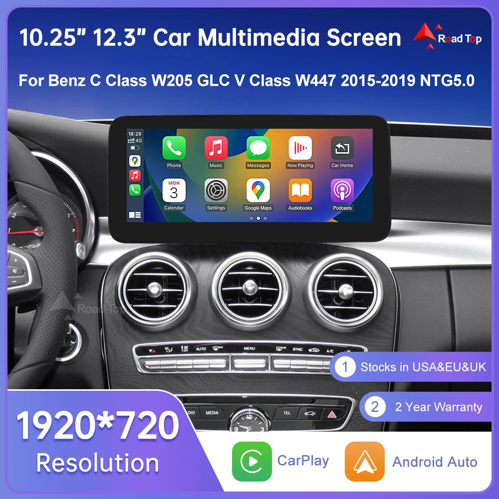 Linux Touchscreen for Mercedes-Benz W205 C/GLC/V-Class, GLA, CLA (2015–2019) — Wireless CarPlay, Android Auto, AirPlay
