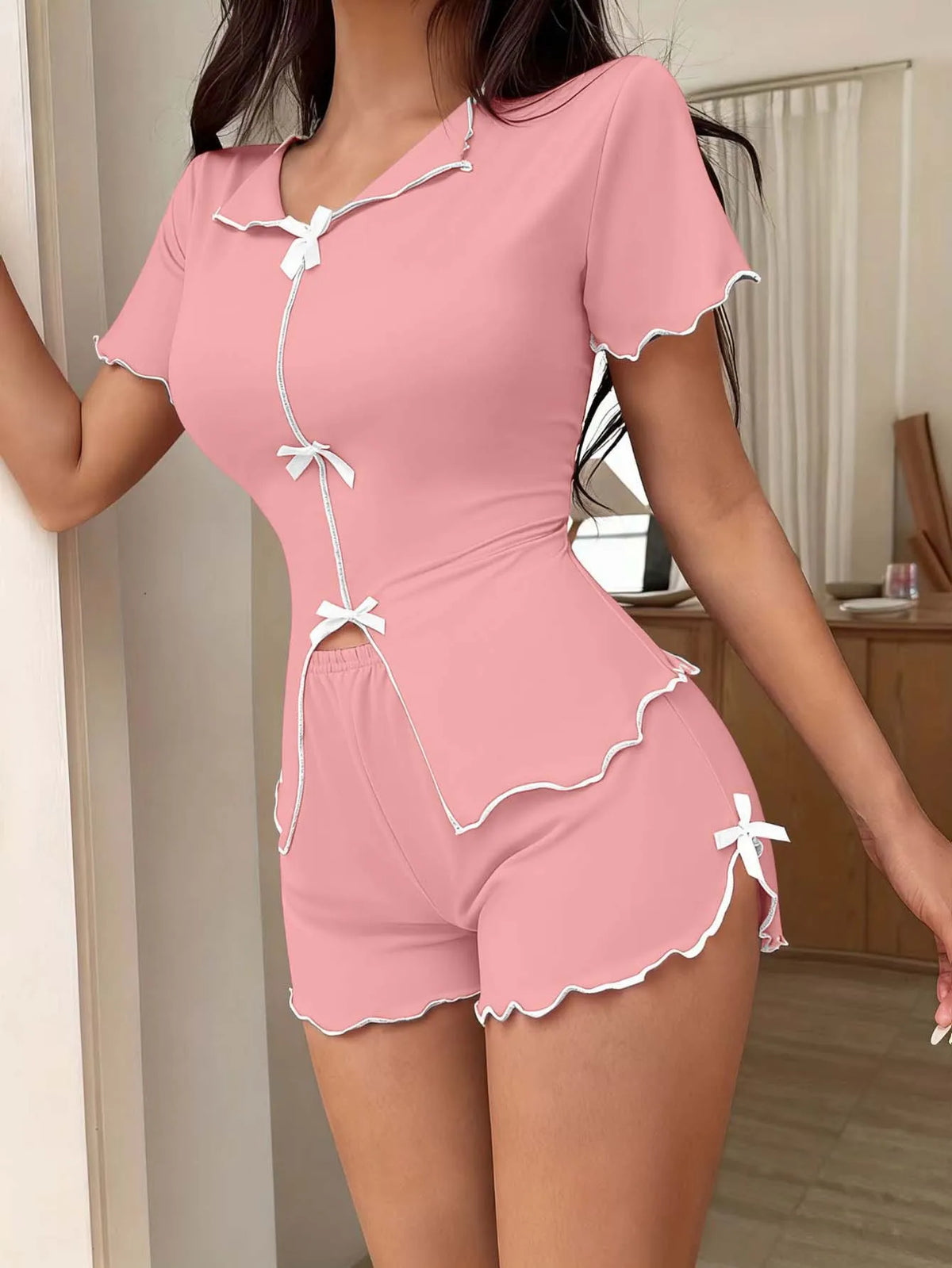 Women's Sweet Pajamas Set Bow Short Sleeve Top And Shorts Sleepwear 2 Piece Set For Women Summer Casual Elastic Homewear